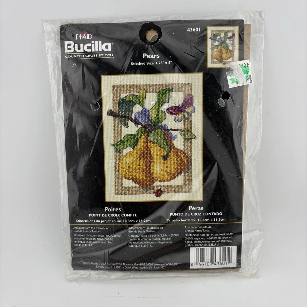 Bucilla Counted Cross Stitch Kit Pears 4.25x6 New Fruit Butterfly 43601